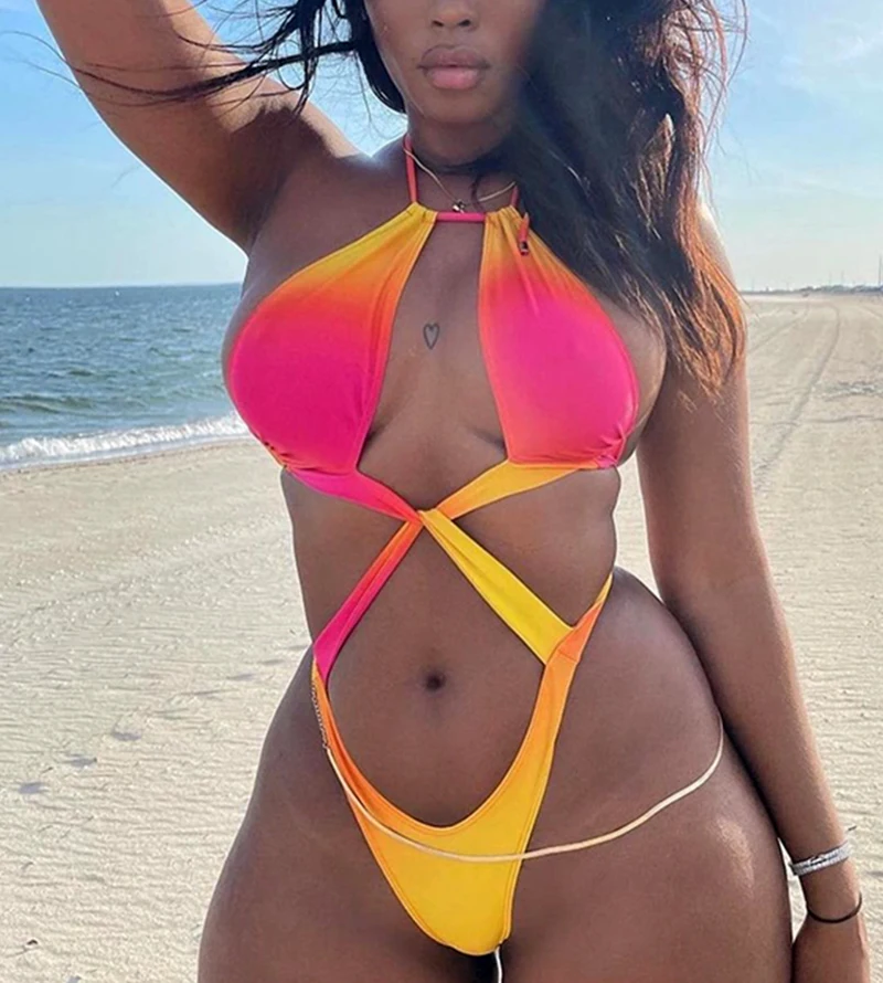 

Sexy Backless Bandage One Piece Swimsuit Women 2022 Plus Size African Swimwear Cut Out Bathing Suit Monokini Beachwear Gradient