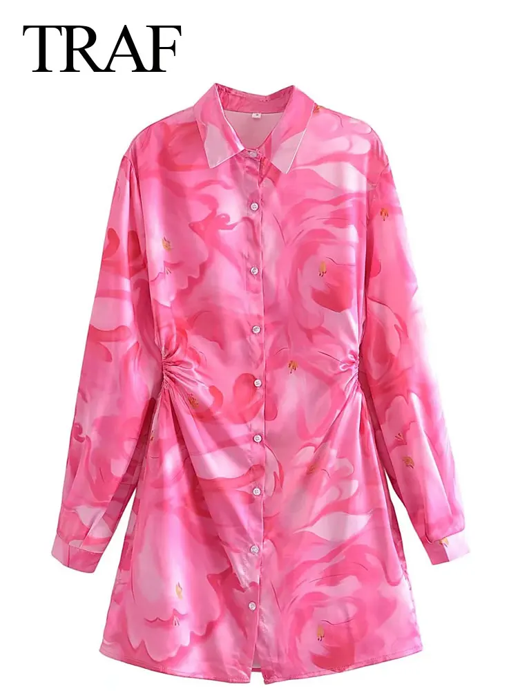 

TRAF Elegant Women Shirt Dress Print Flower Rose Red Retro Chinese Style Single-breasted Long Sleeve Openwork Mini Lady Dress
