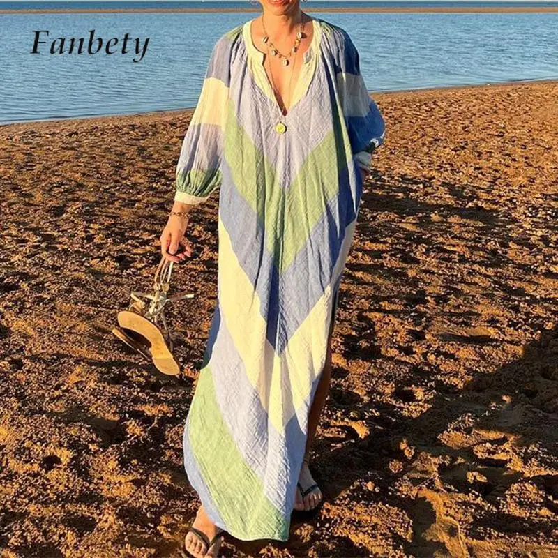 

Sexy V-neck Long Sleeve Beach Dress Women Elegant Striped Patchwork Loose Long Dress 2023 Fashion Side Split Bohe Party Dresses