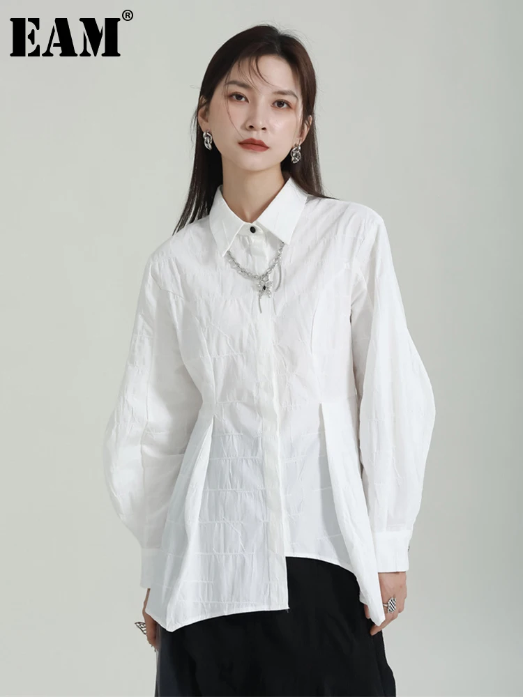 

[EAM] Women White Irregular Jacquard Blouse New Lapel Long Lantern Sleeve Loose Shirt Fashion Tide Spring Autumn 2023 1DF6536
