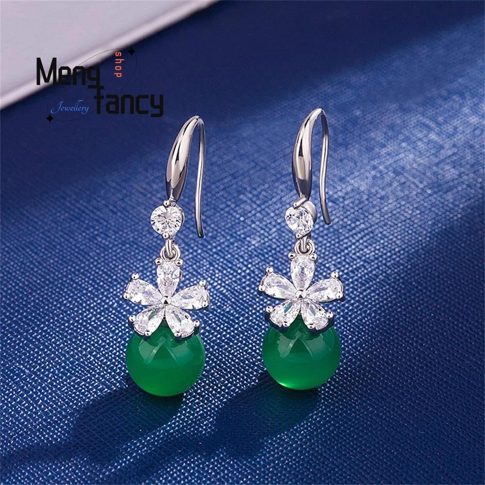 

Natural Green Jade Chalcedony Petals Earrings 925 Silver Fashion Charms Jewelry Sexy Young Girls Statement Women Holiday Gifts