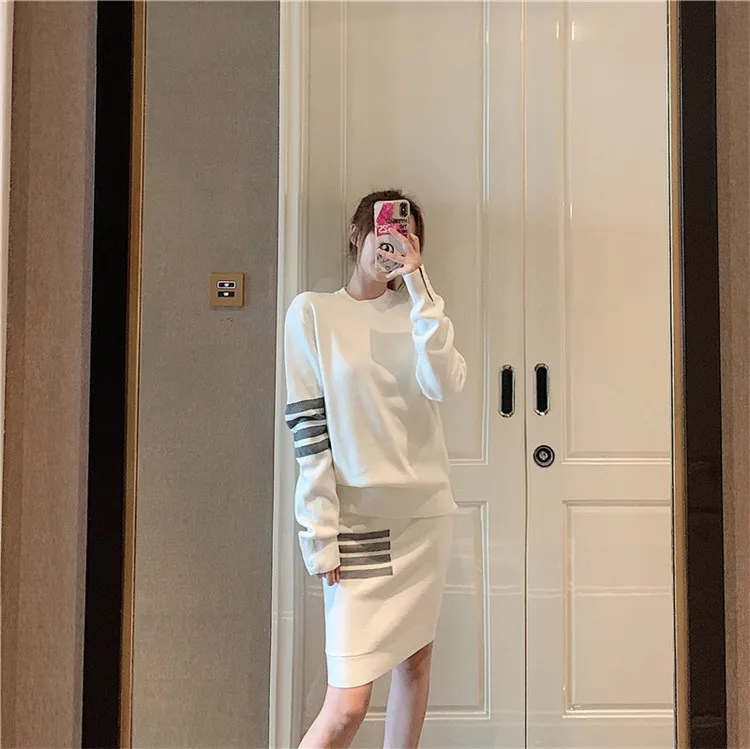 TB college style wool four-bar suit female waffle round neck knitted sweater casual top skirt tide brand