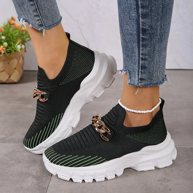 

New Women's Sneakers Fashion Mesh Metal Decoration Non-slip Thick Sole Tennis Shoes Slip-on Breathable Round Toe Walking Shoes