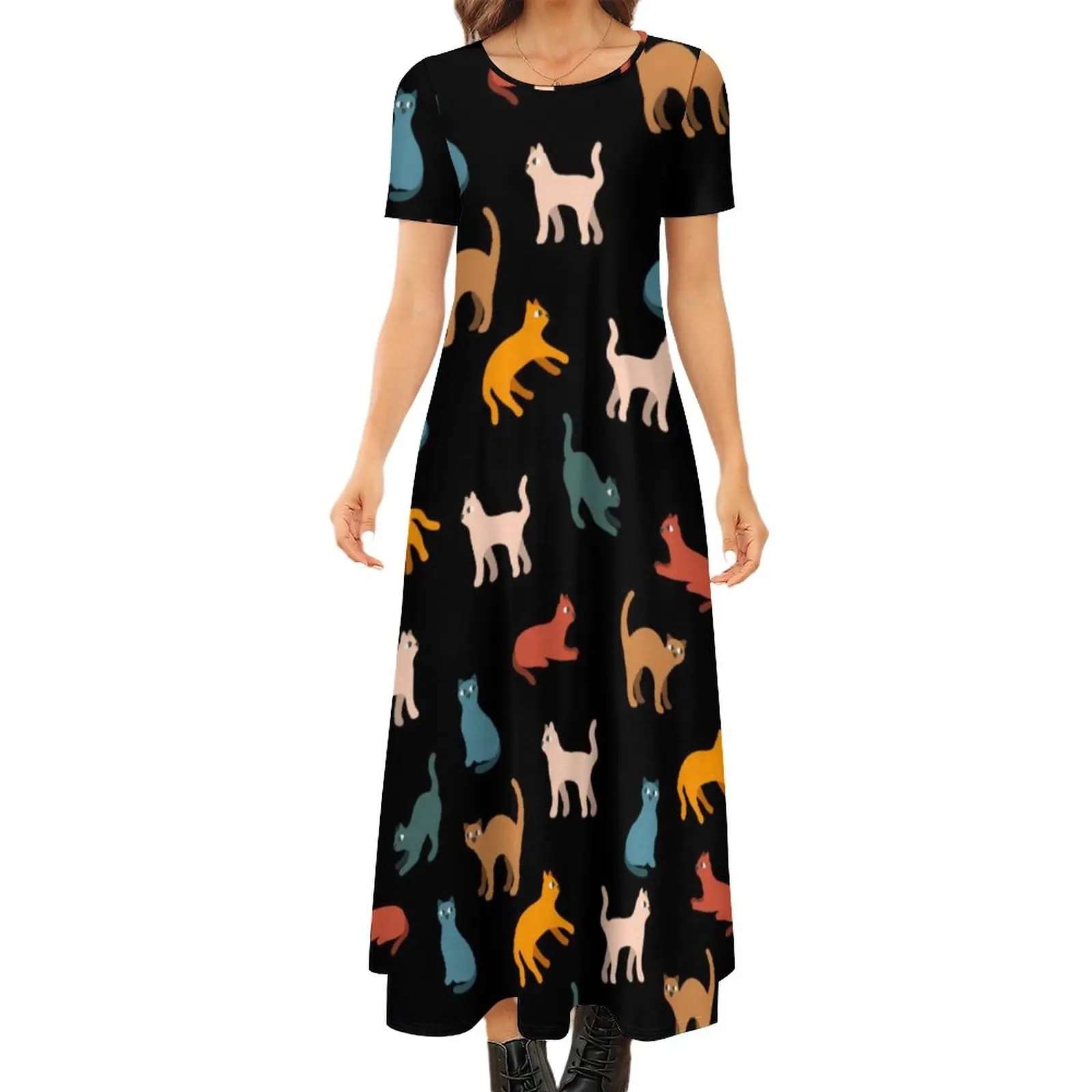 

Cute Cats Print Dress Colorful Animal Elegant Maxi Dress Woman Short Sleeve Aesthetic Bohemia Long Dresses 5XL 6XL 7XL