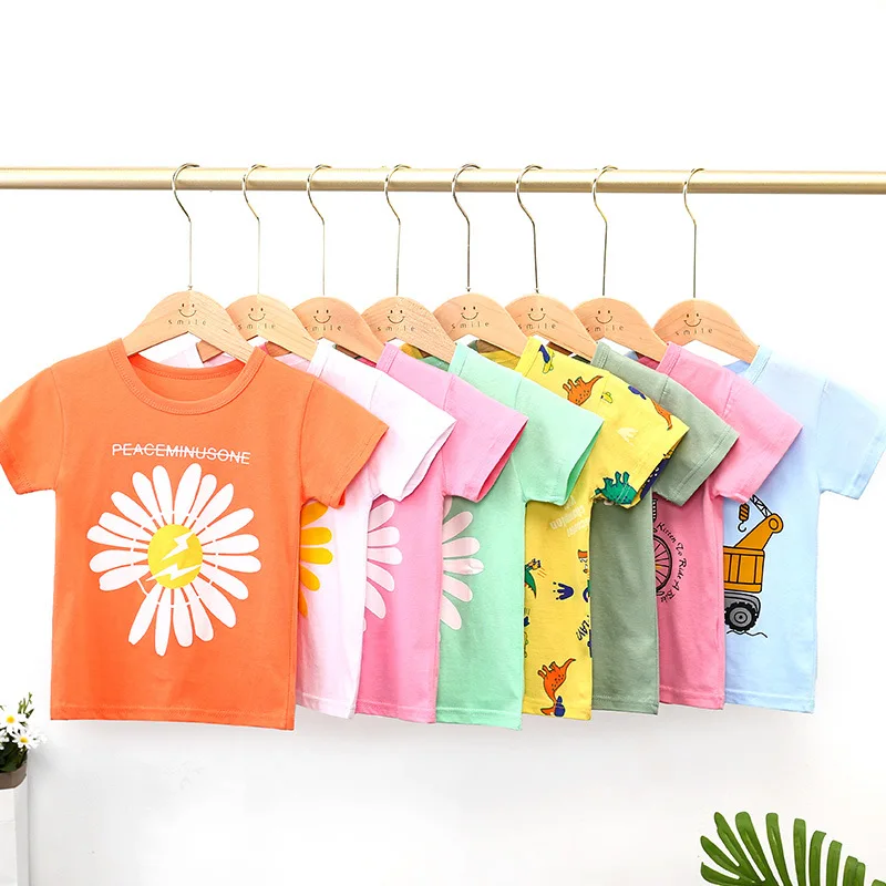 

Футболки с коротким рукавом для маленьких девочек и мальчиков, детские топы с мультяшным принтом, пуловер из 100% хлопка, летняя детская одежд...