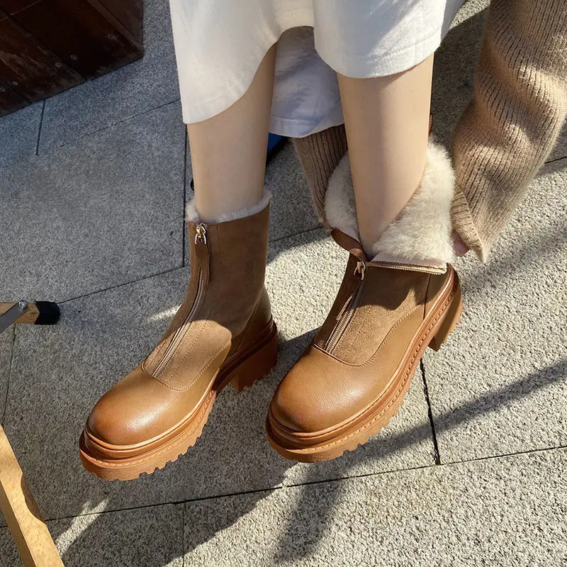 2023 Women Snow Boots ,Fashion Front Zip Plush Winter Shoe Short Botas Thick Sole Round Toe Back Zip Black Brown Dropship New