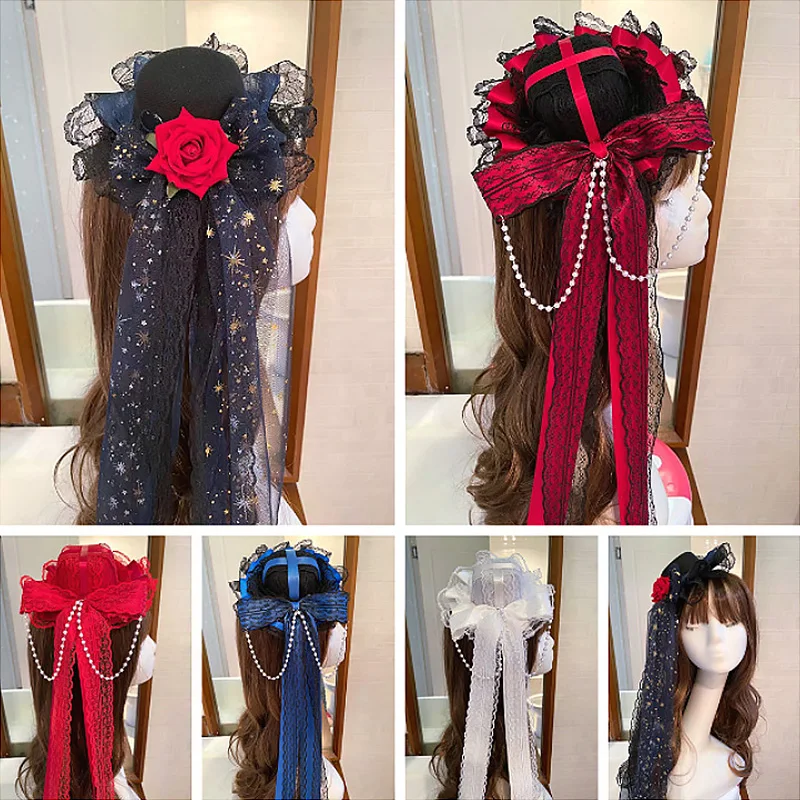 

Lolita Bow Top Hat Hairpin Side Clip Wedding Party Headdress Hair Accessories For Girls Gothic Lace Bowbot Hairpins