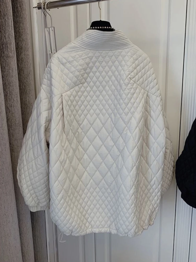 Fashion Casual Streetwear Solid Loose Parkas Vintage Argyle Bubble Fall Winter Jacket V-neck Long Sleeve Drawsring Harajuku Coat