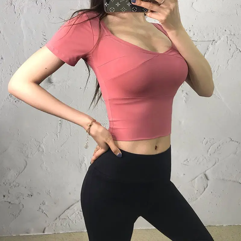

New Women Yoga T-Shirt Sexy Tight-Fitting Sports Clothes Navel Running Fitness Short-Sleeved Top Net Celebrity Comfortable 