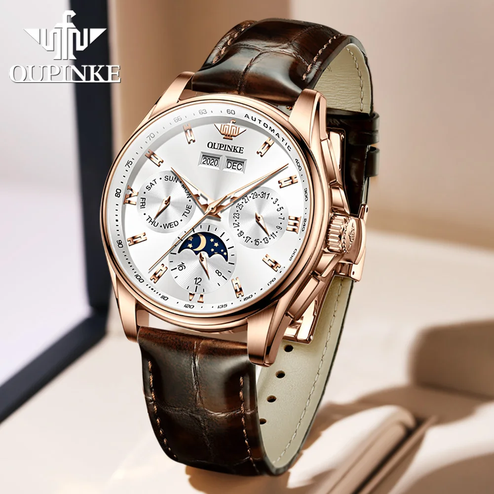 

OUPINKE Luxury Man Automatic Watches Mechanical Waterproof Sapphire Watch Leather Strap Moon Phase Wristwatch for Men Clock