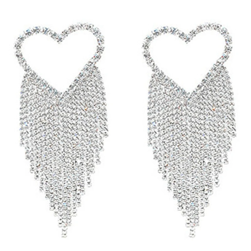 

Модные длинные висячие серьги Стразы с кисточками для женщин блестящие серьги-подвески в форме сердца с кристаллами Цвет: Серебряный