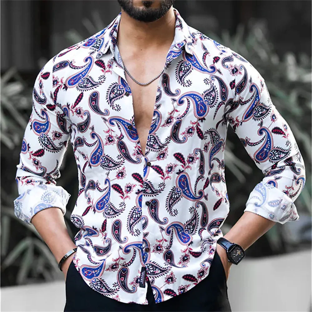 Fall Fashion Men's Flower Shirt Large Casual Long Sleeve Top Clothing Club High Quality Gentlemen Luxurious Social Polo Shirt