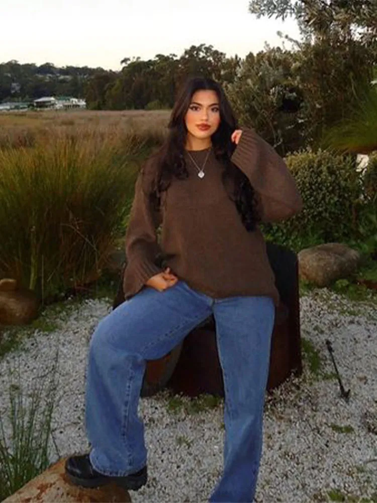 Коричневый вязаный пуловер с круглым вырезом Женский шикарный свободный джемпер