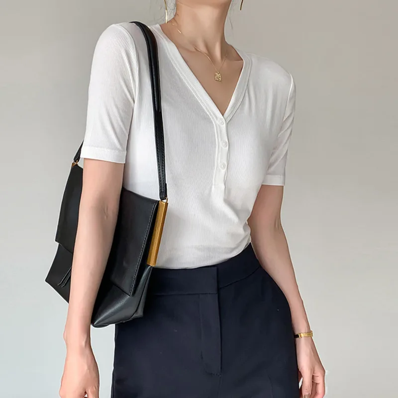 2022 V-neck Short Sleeve Ribbed T-shirt Spring Summer Women Slim Elastic Thread Solid Color Thin Knit Tops For Minimalist