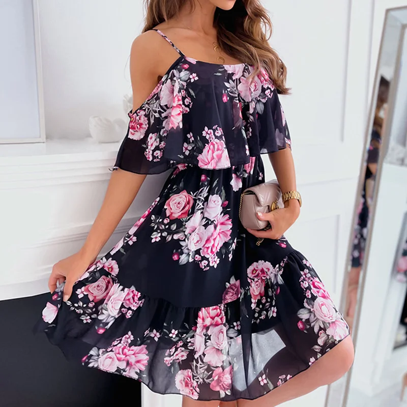 Sexy Spaghetti Strap Woman Dress Summer Floral Print Off Shoulder Sundress Elegant Chiffon A-Line Beach Boho Dresses