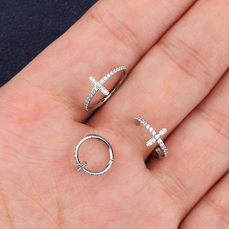 

ASTM F136 Titanium Zircon Cross Paved Nose Ring Daith Helix Clicker Nostril Piercing Ear Cartilage Tragus Earring Body Jewelry