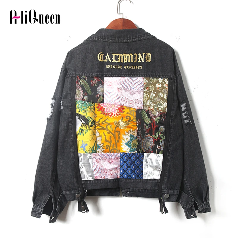 

Куртка джинсовая в стиле хип-хоп с Вышивкой Букв для девушек, верхняя одежда из денима с двойной молнией, с пэчворком и дырками для пар