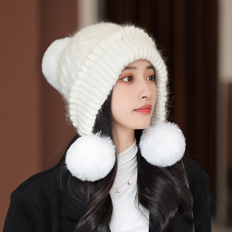 

3Pompoms Rabbit Fur Knitted Warm Hat for Women Fashion Fur Beanies Hat Female Warm Caps with Earflap Hood Sherpa Hat Lady