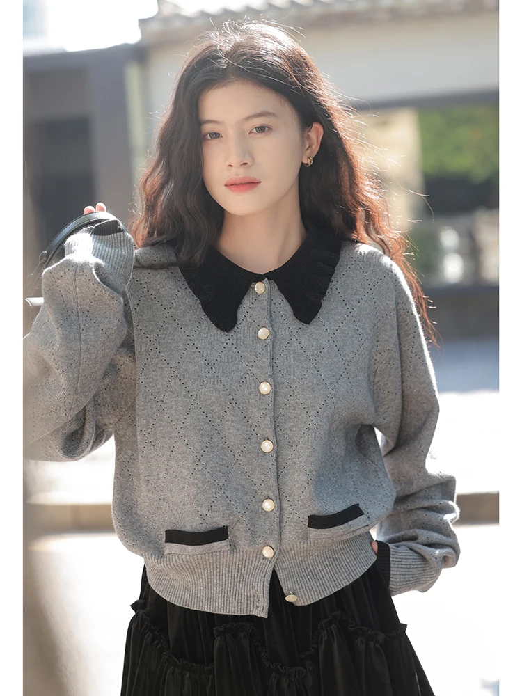 Серый вязаный кардиган с французским кукольным воротником верхняя одежда