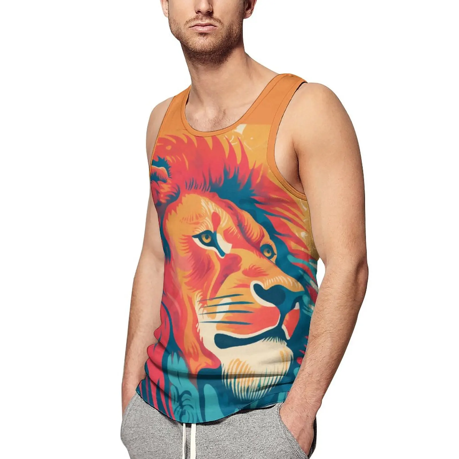

Lion Tank Top Mens Neo Fauvism Tops Summer Printed Gym Sportswear Oversized Sleeveless Vests