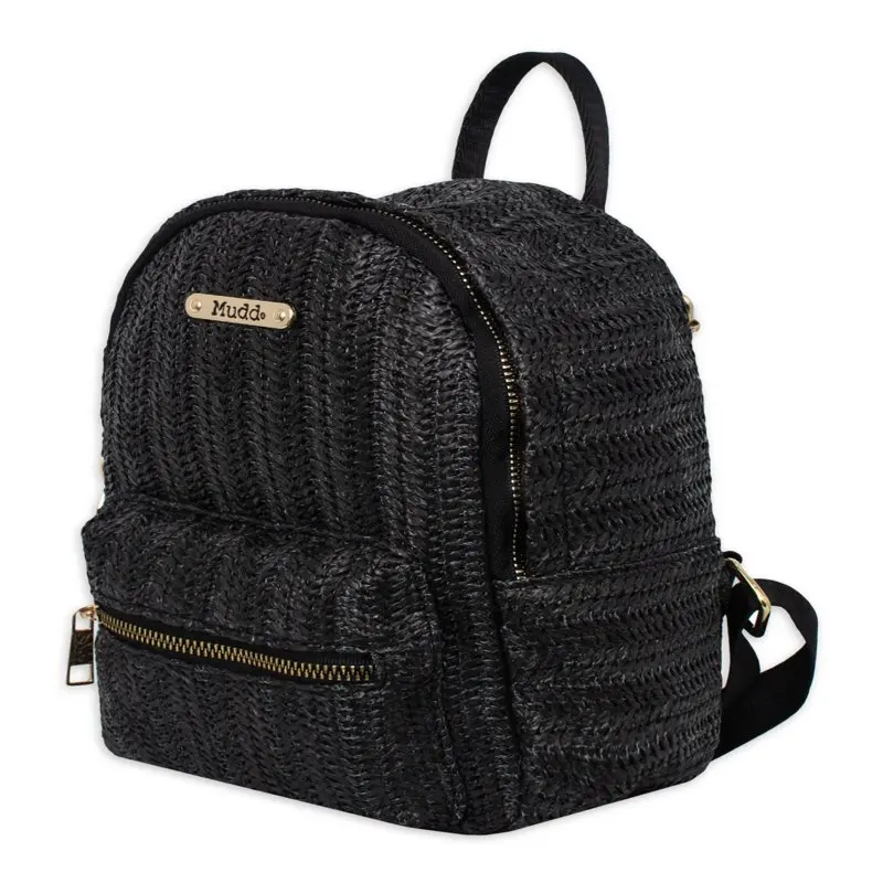 Mudd Women's Black Straw Backpack With Adjustable Shoulder Strap For School and Travel