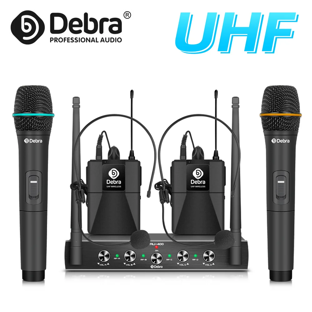 

AU-400 UHF 4Channel Wireless Microphone system handheld & Lavalier & Headset mic 80m range portable for karaoke KTV church party