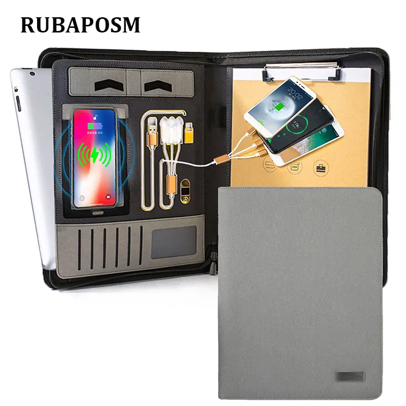 A4 Charging Folder Portfolio PU Leather Padfolio Busines Briefcase with 8000mAh Power 16G U Disk Notebook Organizer Office Gift