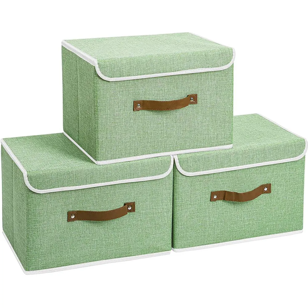 

3 Pack Storage Boxes with Lids,Collapsible Linen Fabric Storage Basket Bins for Towels,Books,Toys,Clothes,Green