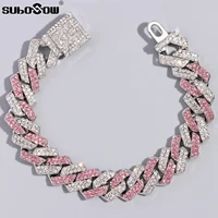 hip hop pink crystal 14mm prong cuban link chain bracelet for men bling rhinestones pave iced out chain bracelet women jewelry