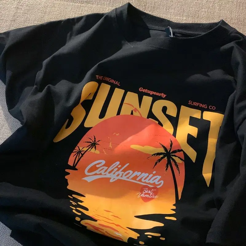 

Футболка с коротким рукавом для мужчин и женщин, Свободный Топ с круглым вырезом и заката, футболка в стиле Харадзюку, большие размеры, лето ...