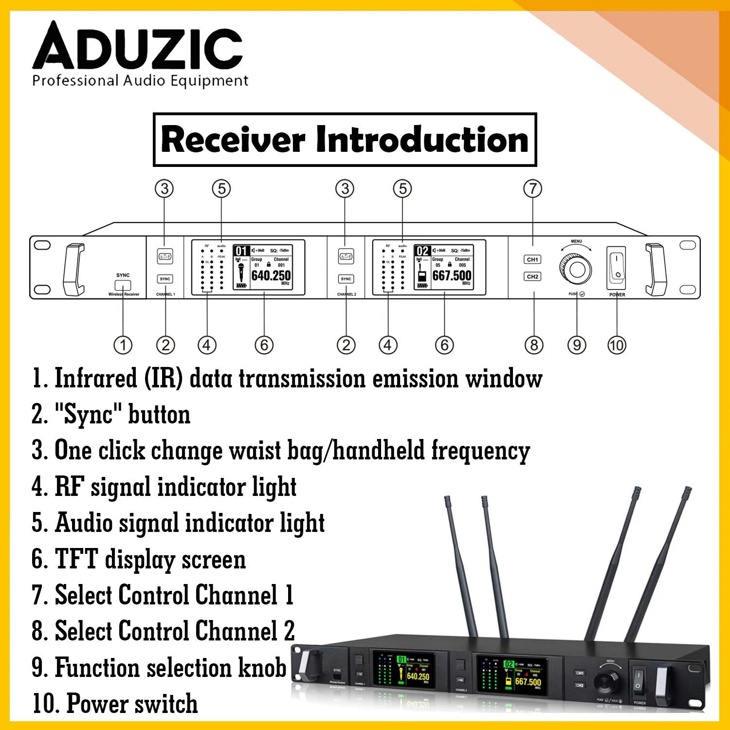 Фото Aduzic AD80S True Diversity 2 Channel Wireless Microphone System 640-690Mhz Handheld Dynamic Mic Professional Stage Microfono №2