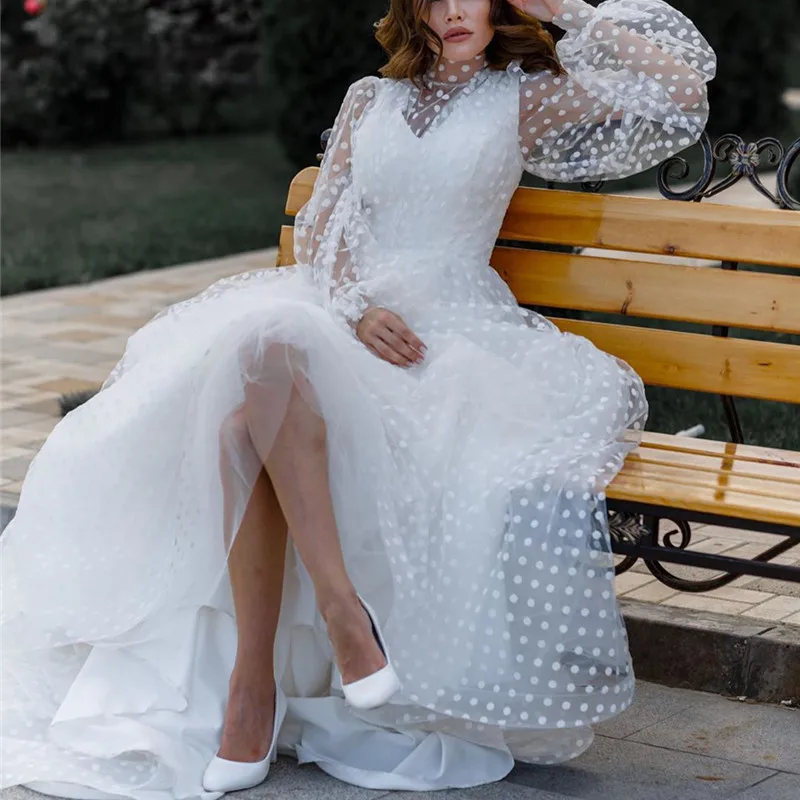 

New Women Spring Floor-length Dress Dot Solid ColorO-neck Puff Sleeve Female Fashion Mesh Casual Elegant White A-Line Maxi Dress