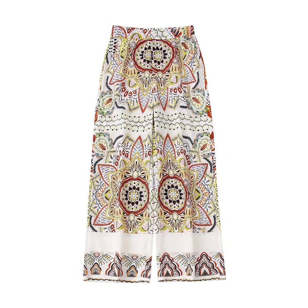 

2022 Female Clothing New Fashion printed flared Pants Vintage Side Pocket Zipper Access Control High Waisted Trousers