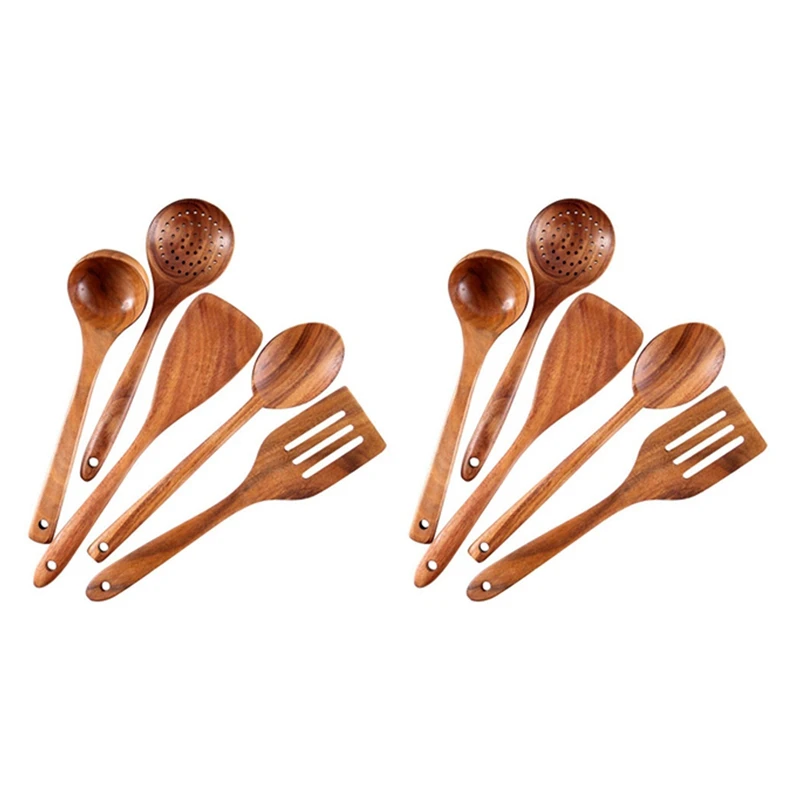 

10X Healthy Cooking Utensils Set Wooden Cooking Tools Natural Nonstick Hard Wood Spatula And Spoons