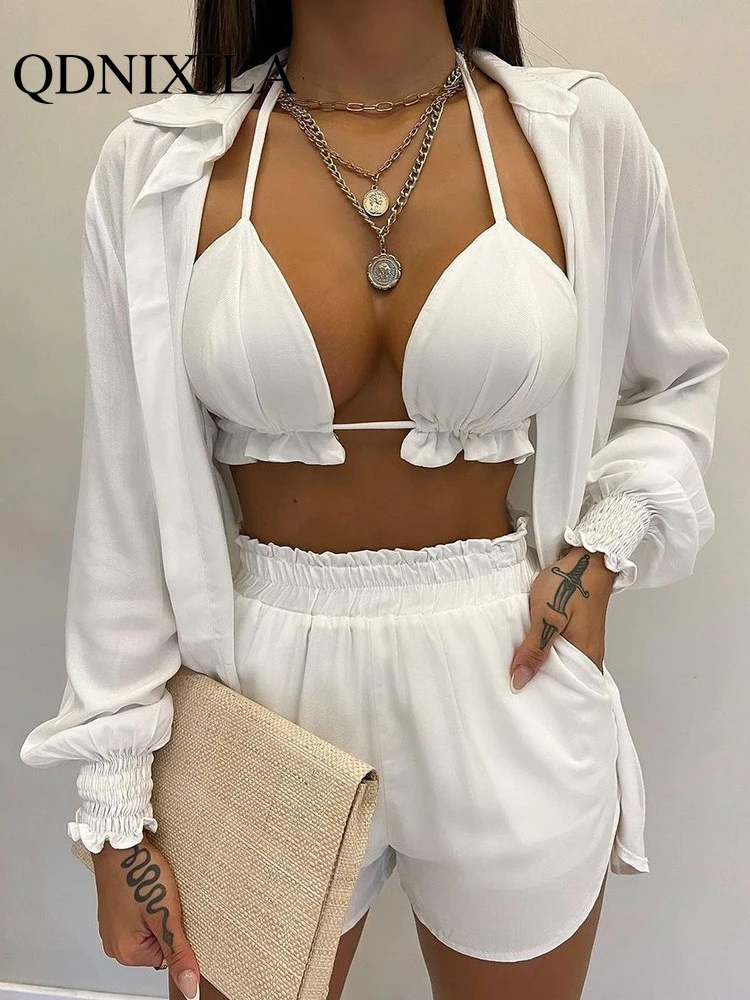

2022 New Women's Summer Suit Printed Lantern Sleeve Shirt Shorts 3pc Set Swimsui Women Bikini Set Women's Suit Women's Tracksuit