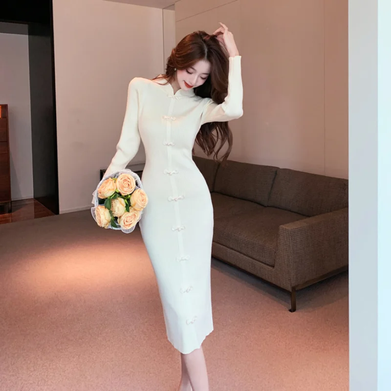 

Women Sweater Bodycon Dress Sexy French Knitted Long Sleeve SolidY2k Vintage Winter Clothes Slim Knitwear Vestido Chinese Style