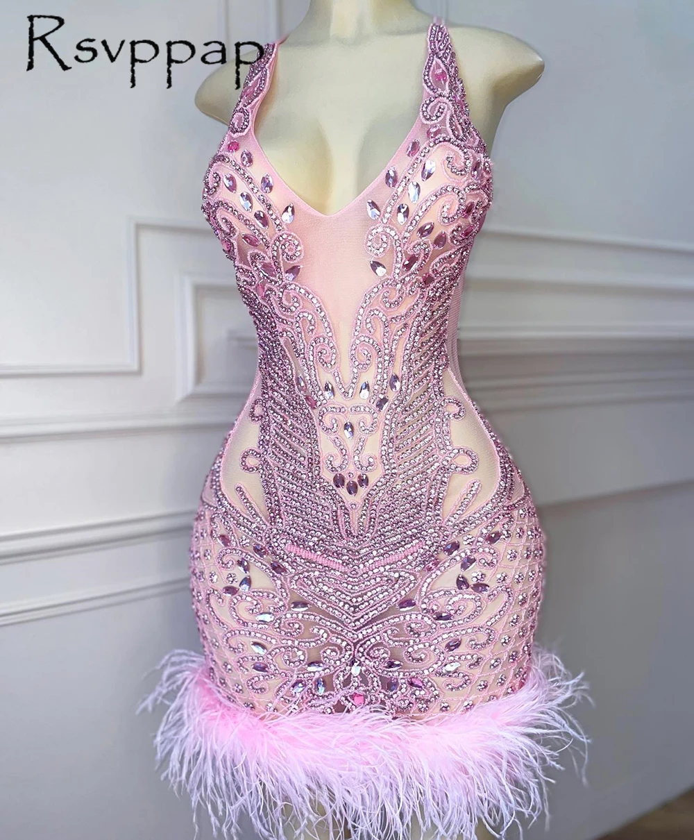 

Женское платье для выпускного вечера, розовое короткое коктейльное платье с перьями, 2023