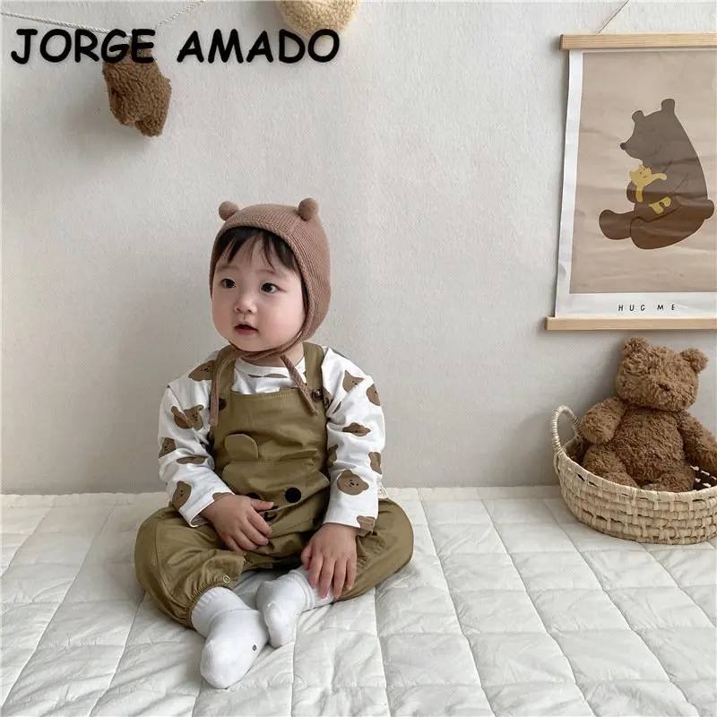 

Корейский стиль, новый весенний комплект для маленьких девочек и мальчиков, рубашка с длинным рукавом и круглым вырезом и мультяшным медведем + комбинезон, детская одежда E6591