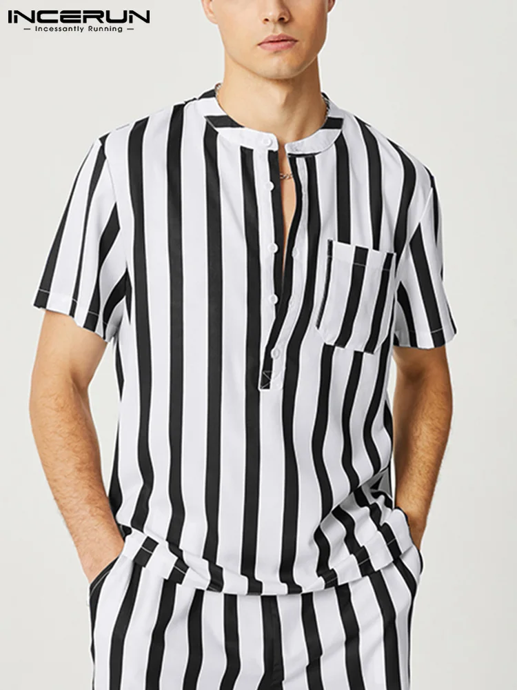 

INCERUN Men Striped Sets Vacation Streetwear 2022 Lapel Short Sleeve Shirt & Shorts 2PCS Summer Casual Men Hawaiian Suits S-5XL