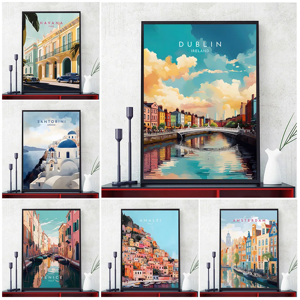 Дорожная печать на берегу амальи и Санторини Италия Англия Нидерланды Ирландия