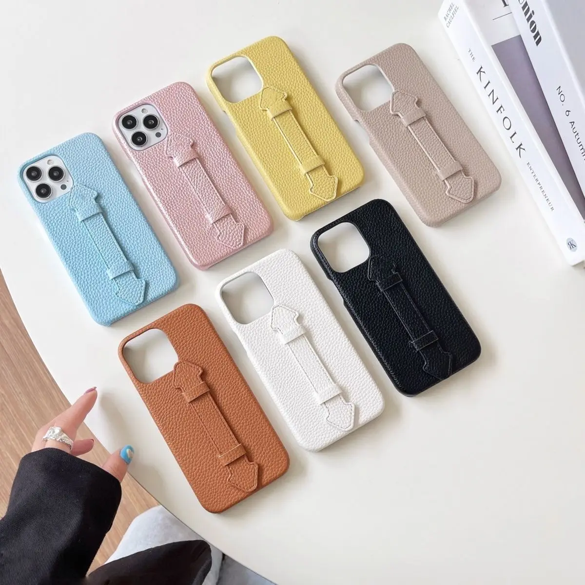 

New Anti-falling Litchi Finger Wristband Leather Mobile Phone Case For iPhone 15 14 Pro Max 13 12 11 Pro Max X XS XR