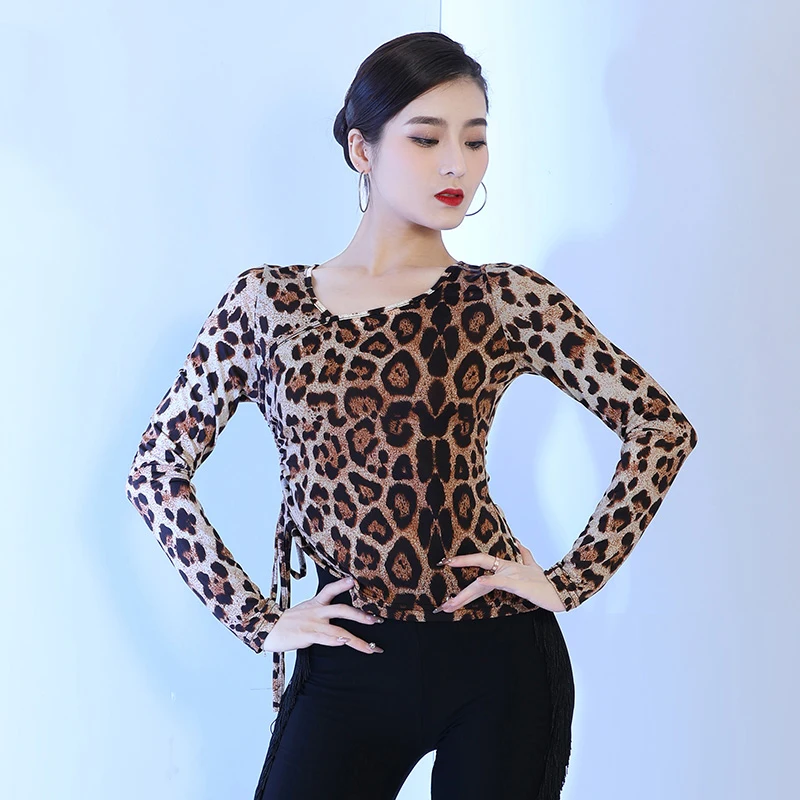 

National Standard Dance Tops Long Sleeve Leopard Shirt Professional Latin Competition Practice Clothing Samba Dancewear DQL6775