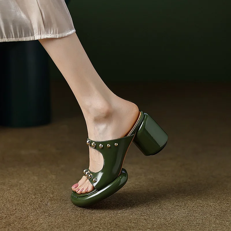 big size sandals women slipper 2023 punk rivets round high heel summer platform shoes women real leather open-toe rome sandalias