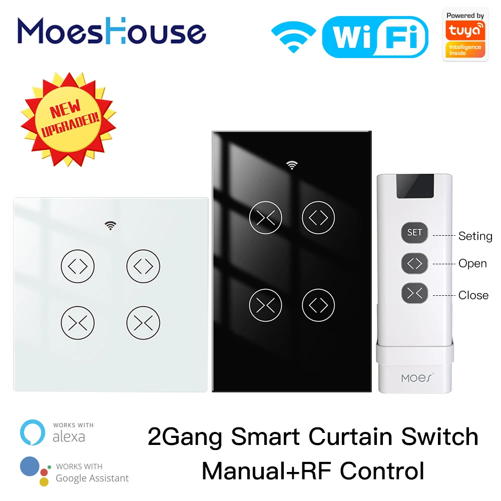 

MoesHouse Tuya Wi-Fi RF 2 Gang двойной занавес штора с переключателем для роликовых затвора Электрический мотор совместим с Google Home, Alexa-умному»