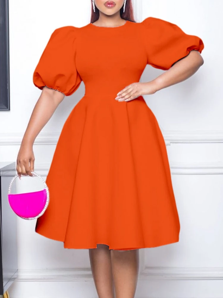Women Elegant Club Party Dress Plus Size Puff Sleeves Pleated Midi Dresses High Waist Fashion Swing Robes Femme Gowns Vestidos