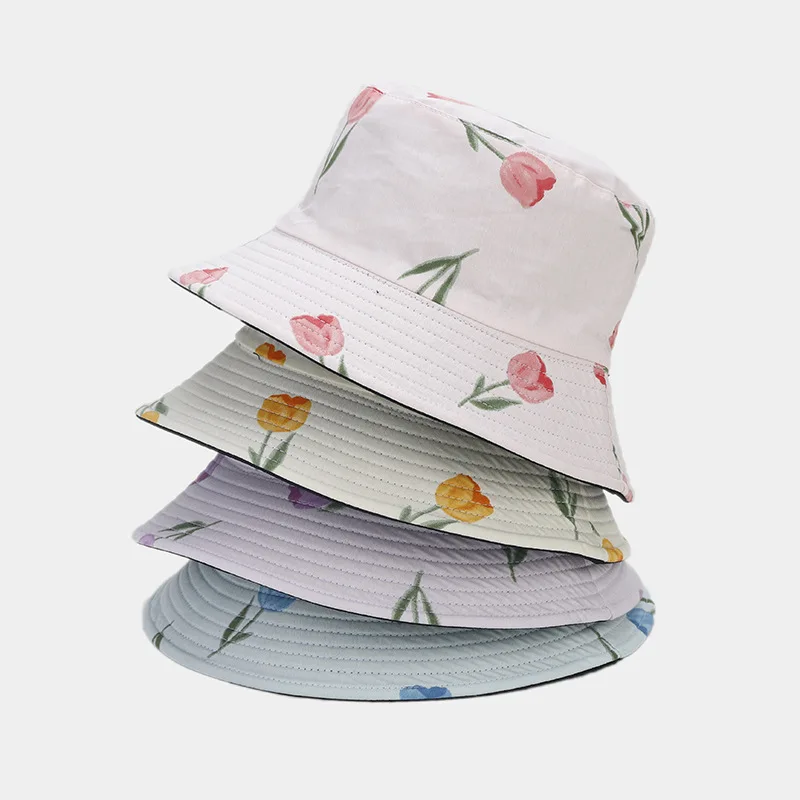 

Панама Двусторонняя женская с принтом тюльпанов, хлопковая дышащая шапка от солнца, двусторонняя, с принтом