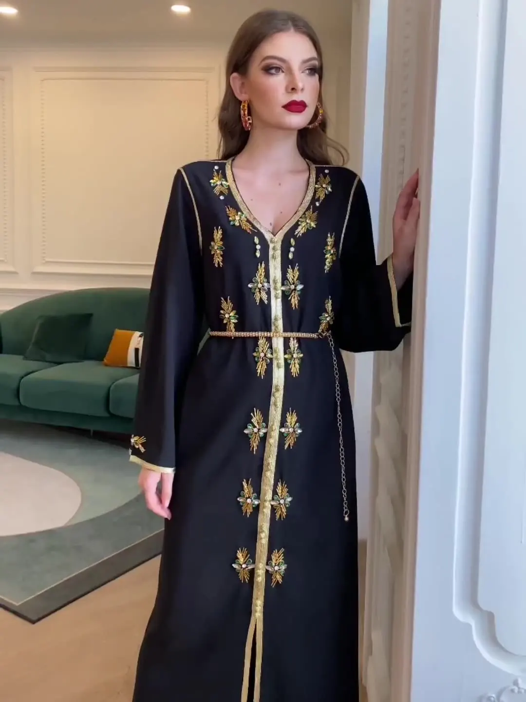 

Мусульманский Хиджаб Рамадан, Abaya, Дубай, кафтан, Марокканское Золотое Платье с аппликацией, скромное платье, Средний Восток, кардиган, халат...