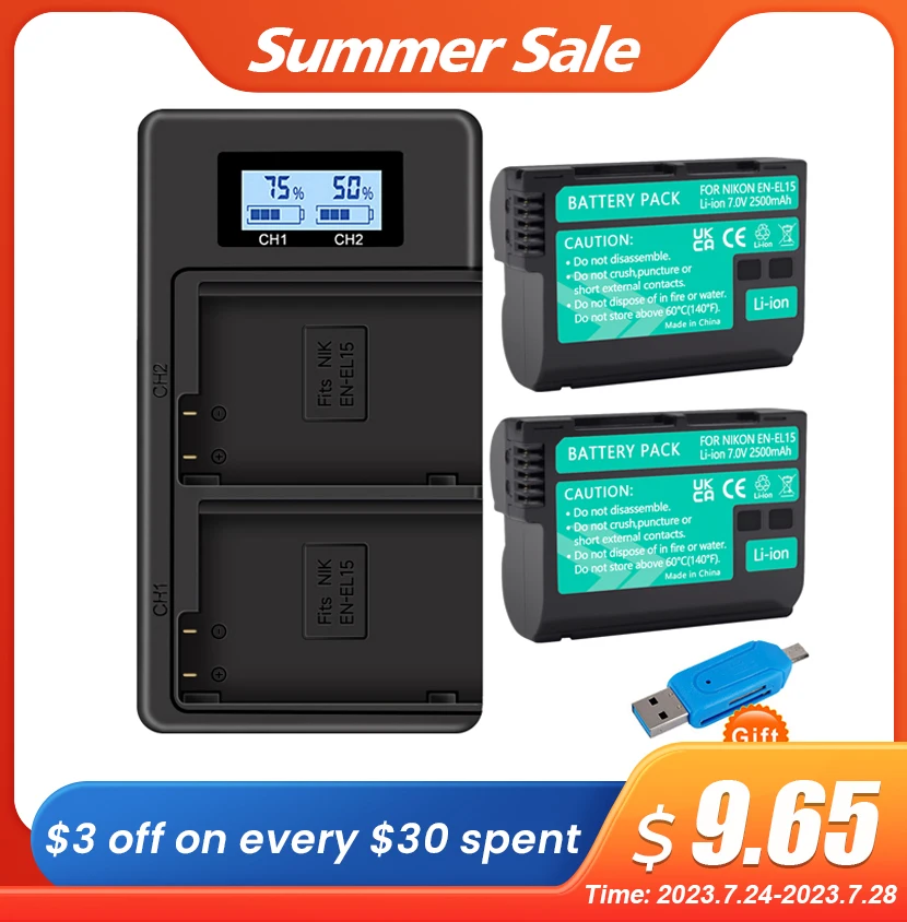 Аккумулятор EN-EL15C EL15C EN EL15 2500 мАч + двойное зарядное устройство с ЖК-дисплеем для камеры Nikon Z5, Z6, Z6 II, Z7, Z7II D780, D850, D7500, D500, D600