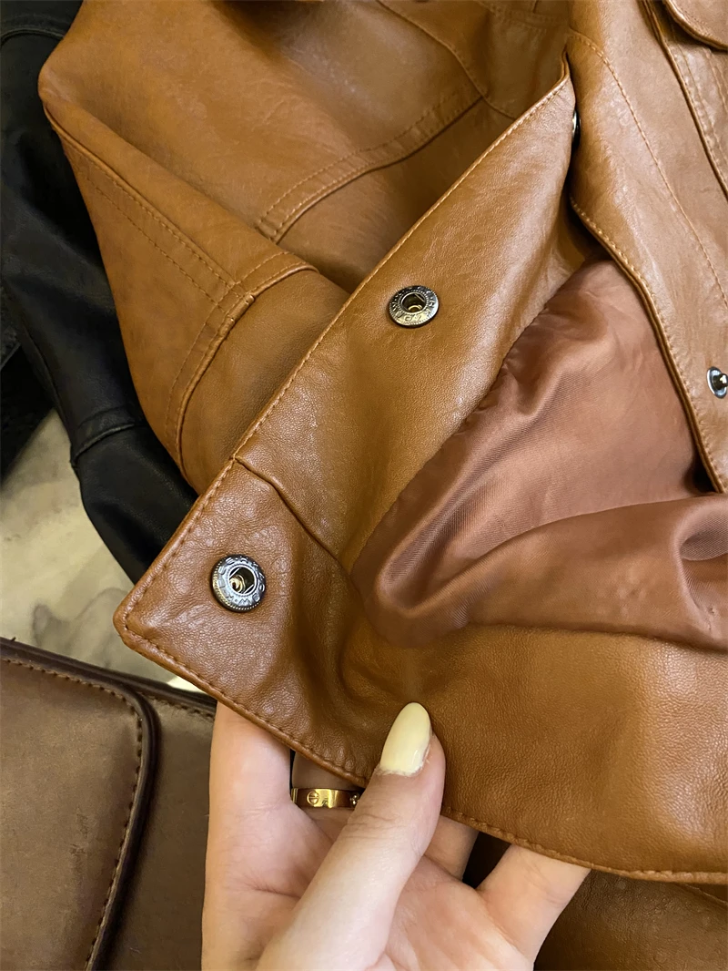 brown short women leather top girl slim Vintage short high lapel pocket leather jacket jacket women