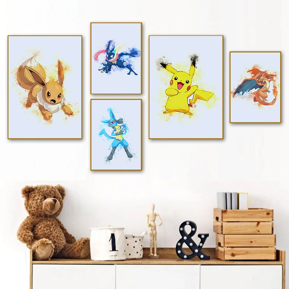 

Watercolor Pokemon Japanese Classic Anime Poster and Print Pikachu Canvas Painting Kids Room Bedroom Gifts Wall Art Decor Cudros